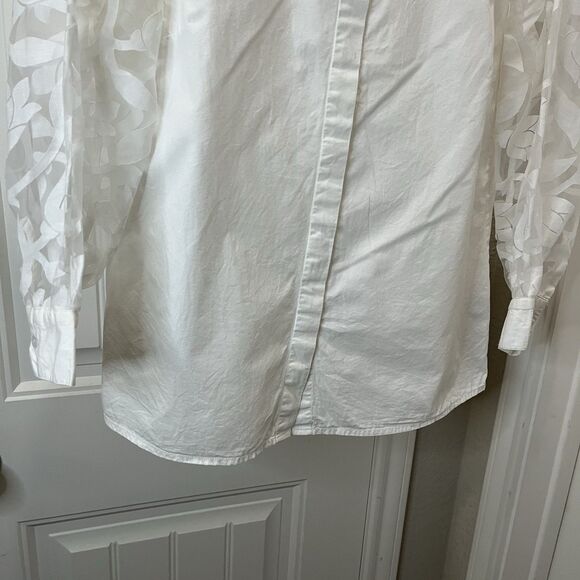 Boston Proper White Button Up Sheer Floral Long Balloon Sleeve Top Womens Size S - Picture 3 of 12